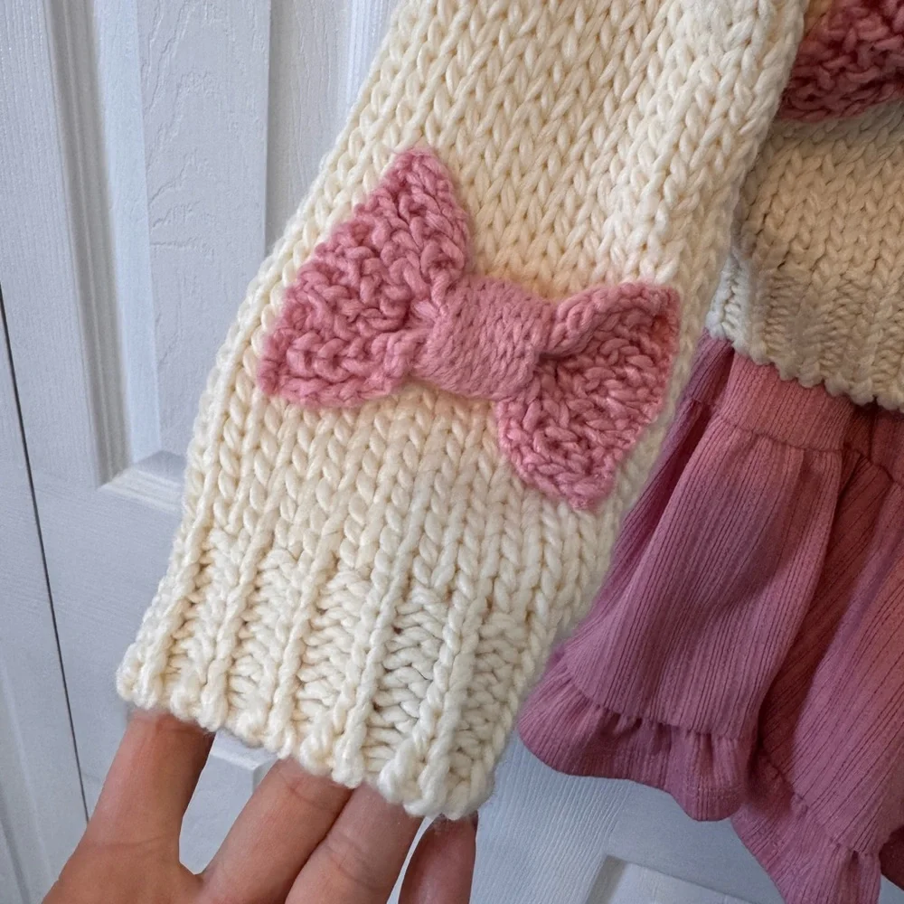 Kids Cream Chucky Cardigan with Pink Bows and Mauve Dress 2Piece Set size 5 NWTS